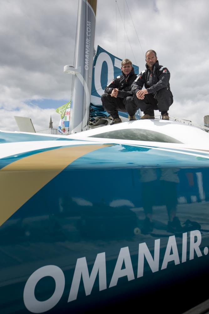 Oman Air-Musandam skipper Sidney Gavignet (FRA) with co-skipper Damian Foxall (IRL) ahead of the 2013 Transat Jaques Vabre photo copyright Lloyd Images taken at Oman Sail and featuring the MOD70 class