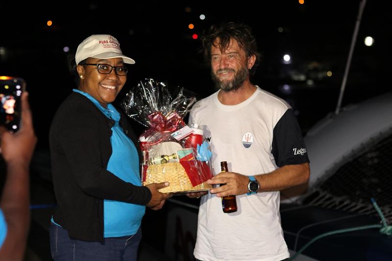 Giovanni Soldini and Maserati Multi 70 crew receives a warm welcome from the Grenada Tourism Authority photo copyright RORC / Andrew Richards taken at Royal Ocean Racing Club and featuring the MOD70 class