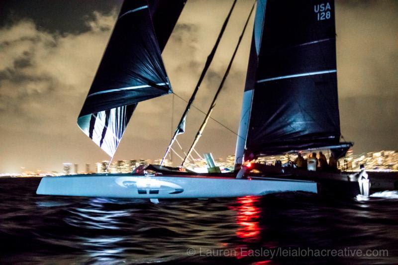 Argo crossing the finish last night - Transpac 50 photo copyright Lauren Easely / leialohacreative.com taken at Transpacific Yacht Club and featuring the MOD70 class