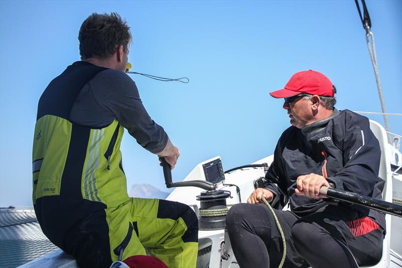 Matt Humphries takes hand bearings while Gavin Brady steers with a tiller - Beau Geste - Day 5 - Hamilton Island Race Week, August 23, 2019 photo copyright Richard Gladwell taken at Hamilton Island Yacht Club and featuring the MOD70 class