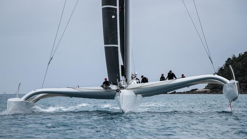 Beau Geste shows all of her 55ft beam. The foils can be seen on the port hull along with several other features - Day 5 - Hamilton Island Race Week, August 24, 2019 photo copyright Richard Gladwell taken at Hamilton Island Yacht Club and featuring the MOD70 class