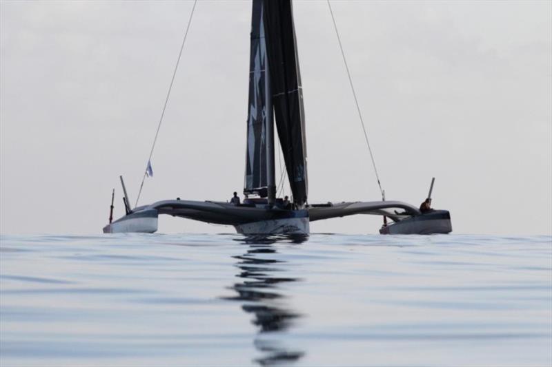 Becalmed at Barbuda on the first night - Giovanni Soldini's Maserati Multi 70 - RORC Caribbean 600, day 2 photo copyright Tim Wright / photoaction.com taken at Royal Ocean Racing Club and featuring the MOD70 class