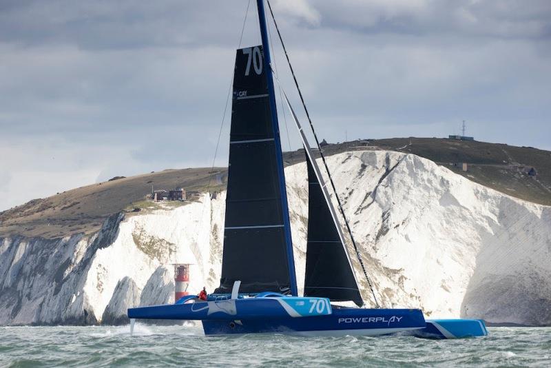 MOD70 PowerPlay racing team skippered by Peter Cunningham and Ned Collier, shown here as they started their Fastnet Course world record attempt photo copyright Lloyd Images taken at  and featuring the MOD70 class