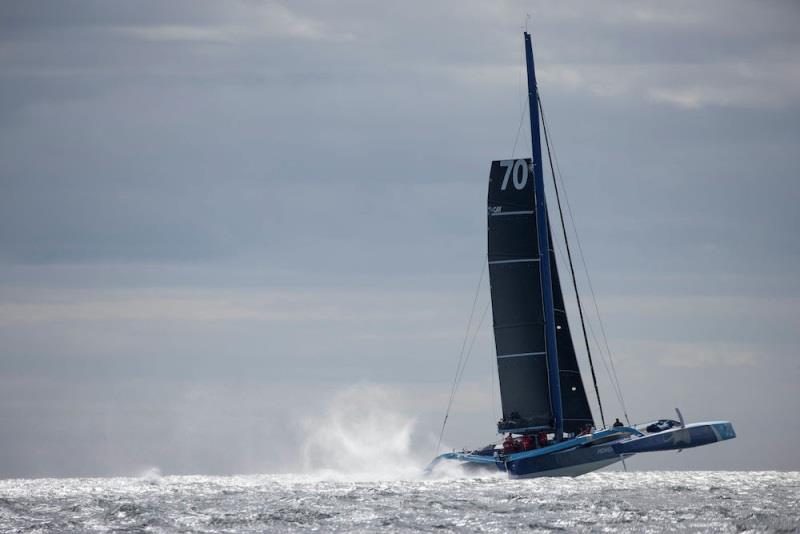 MOD70 PowerPlay racing team skippered by Peter Cunningham and Ned Collier, shown here as they started their Fastnet Course world record attempt. - photo © Lloyd Images