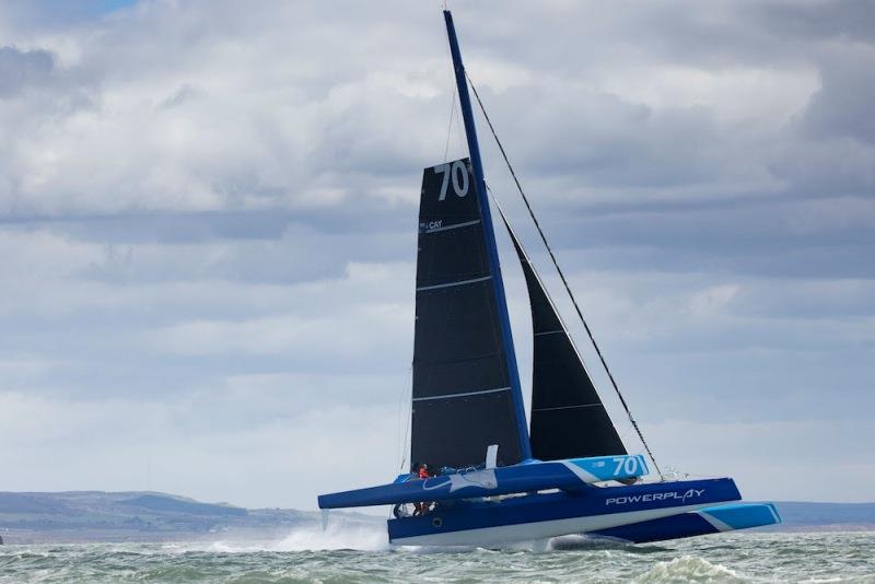 MOD70 PowerPlay racing team skippered by Peter Cunningham and Ned Collier, shown here as they started their Fastnet Course world record attempt. - photo © Lloyd Images