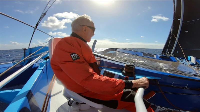 Peter Cunningham at the helm of MOD70 PowerPlay during the RORC Transatlantic Race photo copyright Paul Larsen / PowerPlay Racing taken at Royal Ocean Racing Club and featuring the MOD70 class