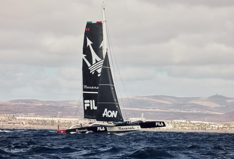 Skipper Giovanni Soldini and crew (Vittorio Bissaro, Oliver Herrera Perez, Thomas Joffrin, Francesco Pedol and Matteo Soldini,) with Media man, Alberto Origone on Multi70 Maserati before the RORC Transatlantic Race start photo copyright James Mitchell / RORC taken at Royal Ocean Racing Club and featuring the MOD70 class