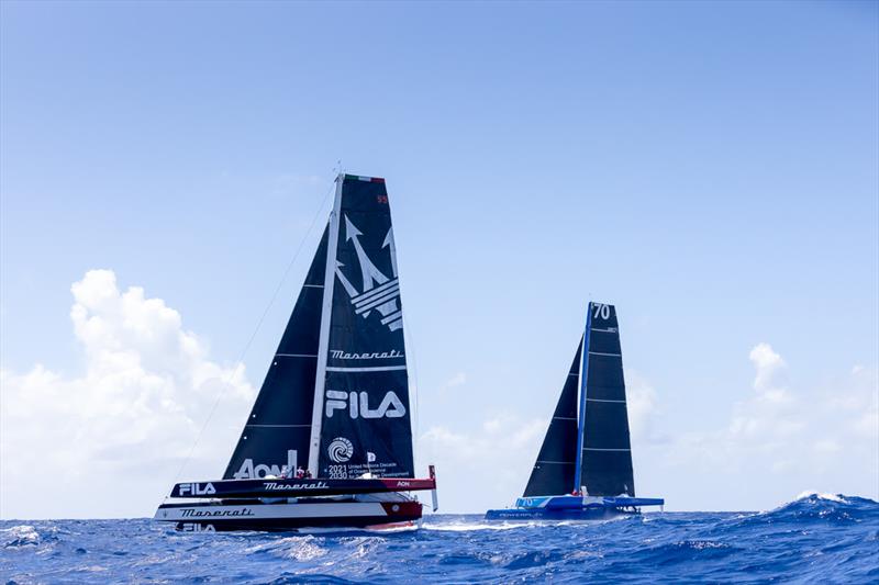 Giovanni Soldini's Multi70 Maserati (ITA) and Peter Cunningham's MOD70 PowerPlay (CAY) start the 13th RORC Caribbean 600 - photo © Arthur Daniel / RORC