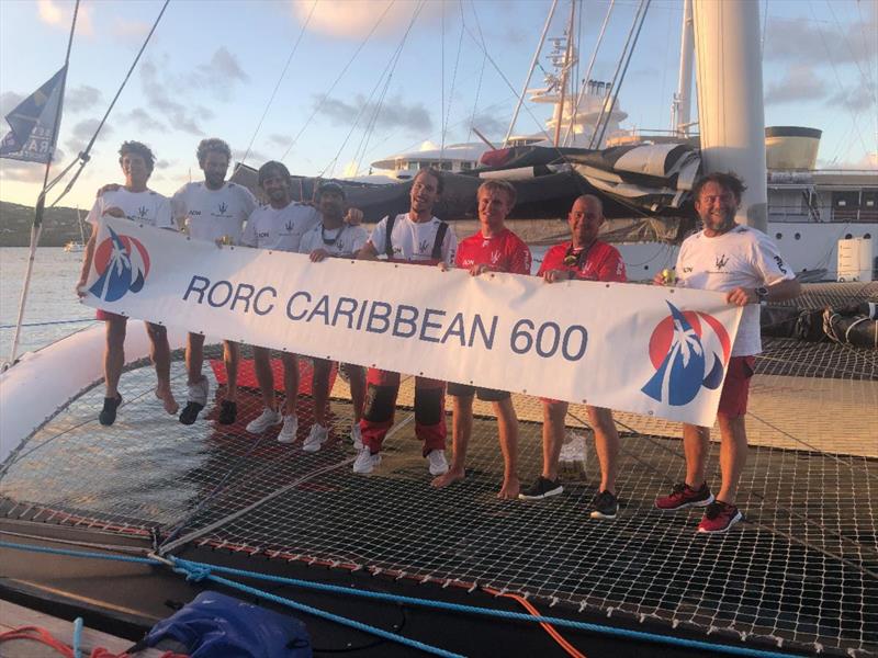 On board with Giovanni Soldini, the crew of 7 sailors, made up of Italians Guido Broggi, Vittorio Bissaro, Francesco Pedol, Matteo Soldini, Spaniard Oliver Herrera Perez, Frenchmen Gwénolé Gahinet and Thomas Joffrin - RORC Caribbean 600 photo copyright Arthur Daniel / RORC taken at Royal Ocean Racing Club and featuring the MOD70 class