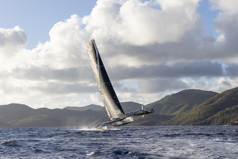 Giovanni Soldini's Multi 70 Maserati powering towards the close finish in Antigua - RORC Caribbean 600 photo copyright Arthur Daniel / RORC taken at Royal Ocean Racing Club and featuring the MOD70 class