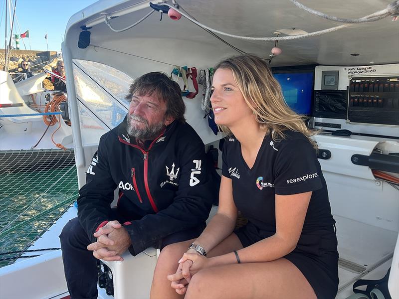 Giovanni Soldini and Holly Cova aboard Maserati, after the teams were handed over the baton photo copyright Team Malizia taken at  and featuring the MOD70 class