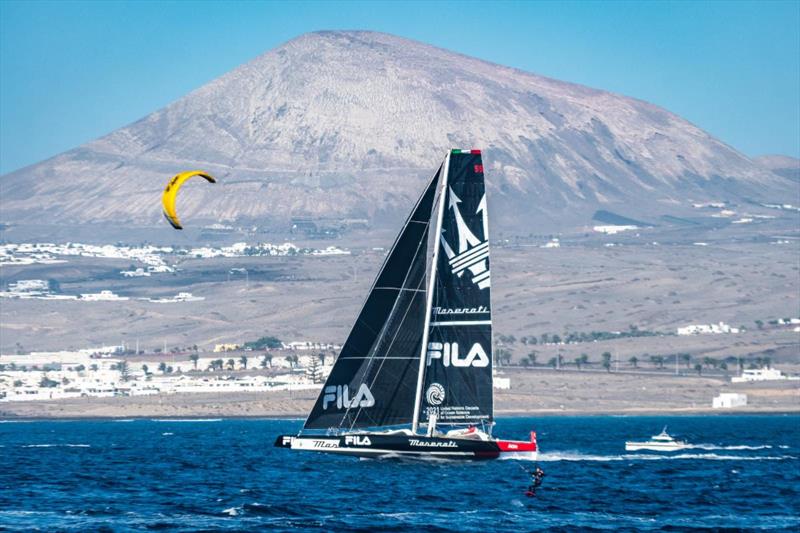 Giovanni Soldini's Multi 70 Maserati took Multihull Line Honours after a close-fought battle across the Atlantic photo copyright Lanzarote Photo Sport taken at Royal Ocean Racing Club and featuring the MOD70 class