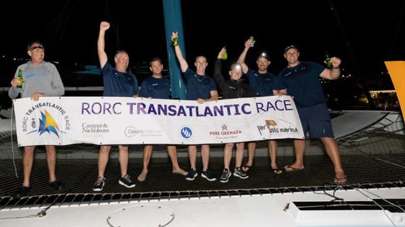 The team on Frank Slootman's MOD70 Snowflake after finishing the RORC Transatlantic Race in an elapsed time of 5 days 10 hrs 24 mins 16 secs in Grenada photo copyright Arthur Daniel / RORC taken at Royal Ocean Racing Club and featuring the MOD70 class