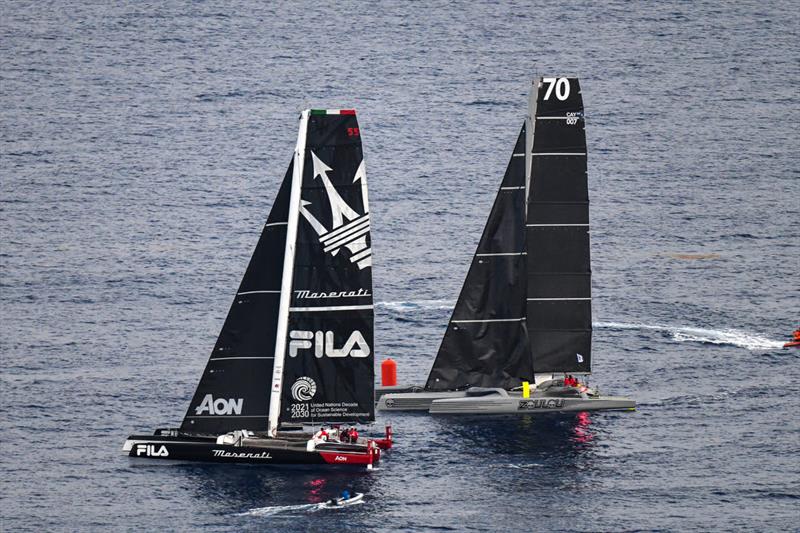 A photo finish for Maserati Multi70 and MOD70 Zoulou in the RORC Caribbean 600 - photo © James Tomlinson