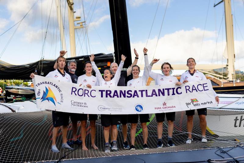 Alexia Barrier's OD70 The Famous Project (FRA) celebrate their finish at Camper & Nicholsons Port Louis Marina Grenada  photo copyright Arthur Daniel / RORC taken at Royal Ocean Racing Club and featuring the MOD70 class