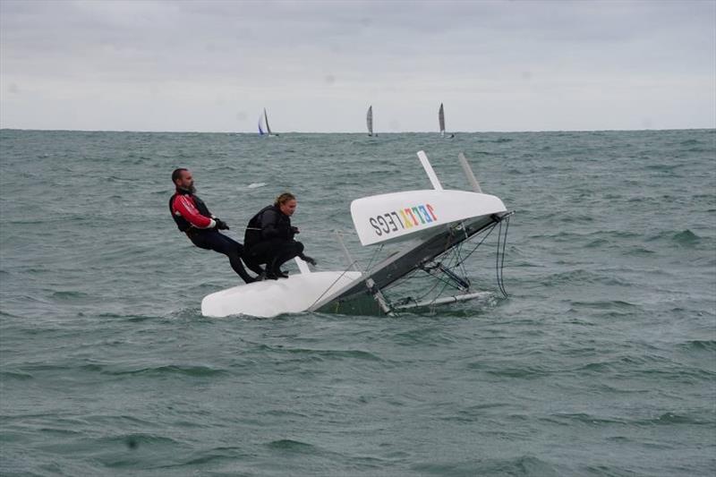 Even Sloop Rig Division champions Justin and Kalahni make mistakes, luckily it was before the start! - 49th Mosquito Catamaran Australian Championships at Victor Harbor Yacht Club photo copyright Victor Harbor YC taken at Victor Harbor Yacht Club and featuring the Mosquito class