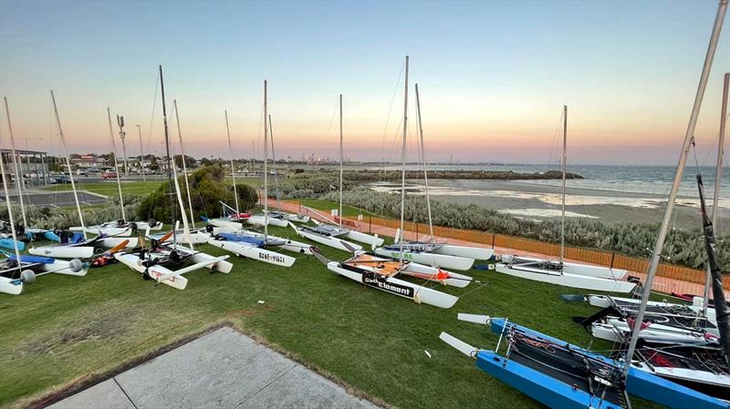 Part of the fleet on the lawn - Mosquito Catamaran Victorian State Titles 2022 photo copyright Andrew Mitchell taken at Altona Yacht Club and featuring the Mosquito class