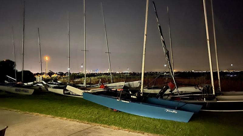 Not far from the city - Mosquito Catamaran Victorian State Titles 2022 photo copyright Andrew Mitchell taken at Altona Yacht Club and featuring the Mosquito class
