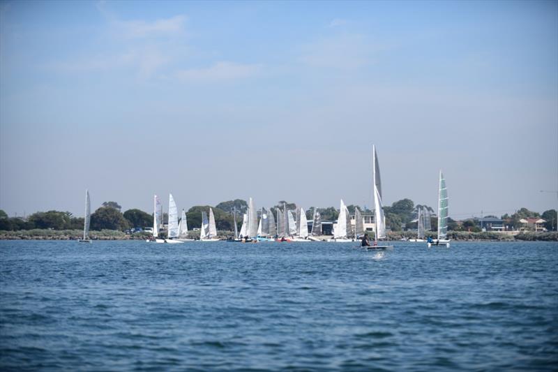 Fleet heading out - Mosquito Catamaran Victorian State Titles 2022 photo copyright Craig Sheperd taken at Altona Yacht Club and featuring the Mosquito class
