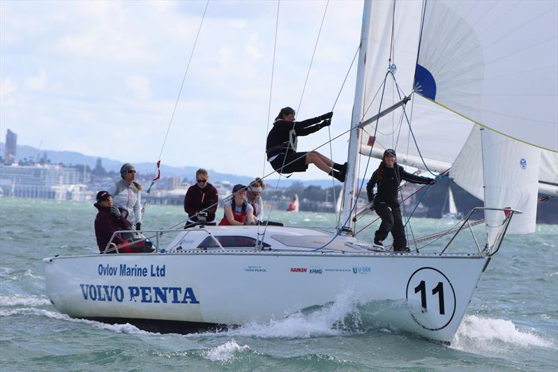 Grunting up the kite halyard - 2019 NZ Women's National Keelboat Championships, April 2019 photo copyright Andrew Delves taken at Royal New Zealand Yacht Squadron and featuring the MRX class