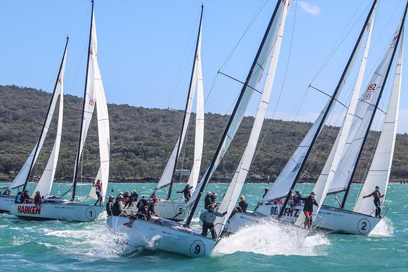 Pre-start negotiations made all the more difficult by 20-30 knot south westerly wind photo copyright Andrew Delves taken at Royal New Zealand Yacht Squadron and featuring the MRX class