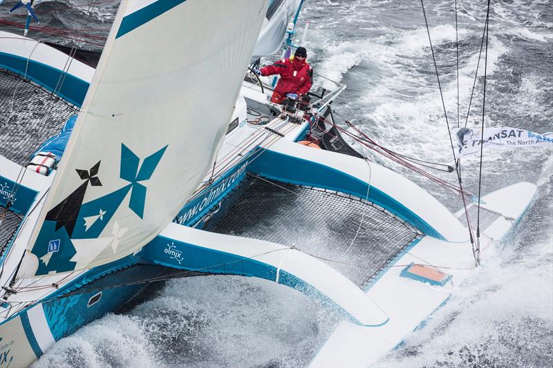 Pierre Antoine flys out of Plymouth on his Multi50 Olmix during The Transat bakerly 2016 start - photo © Lloyd Images