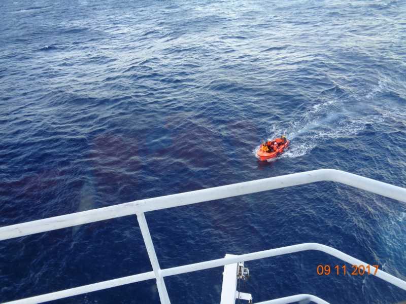 The Multi 50 Drekan Groupe capsizes in the Transat Jacques Vabre - photo © Beautriton