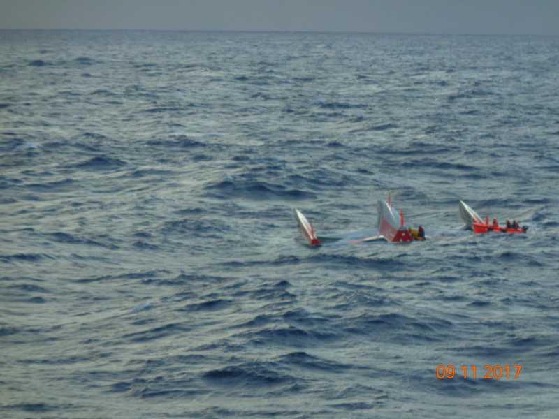 The Multi 50 Drekan Groupe capsizes and the crew are rescued in the Transat Jacques Vabre photo copyright Beautriton taken at  and featuring the Multi 50 class
