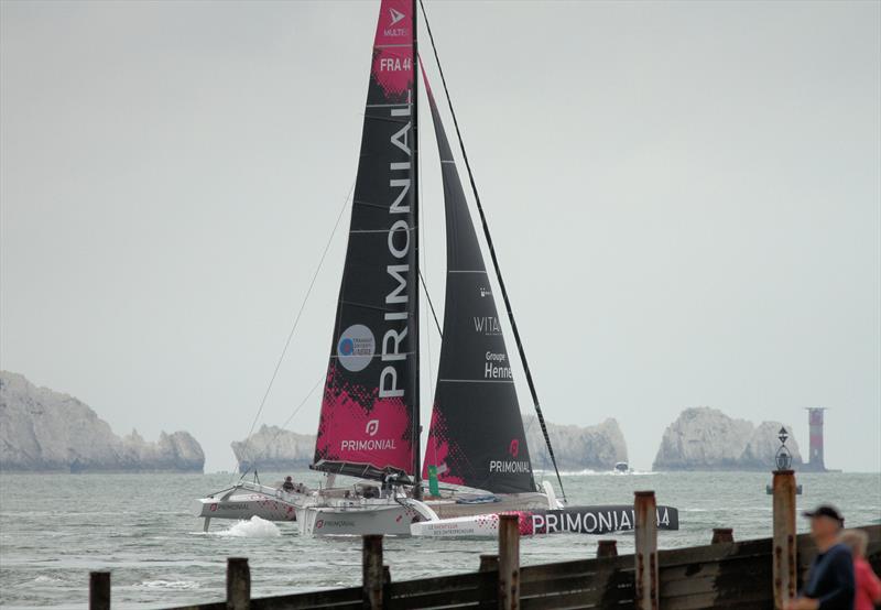 Primonial passes Hurst Castle in the 2019 Rolex Fastnet Race photo copyright Mark Jardine taken at Royal Ocean Racing Club and featuring the Multi 50 class
