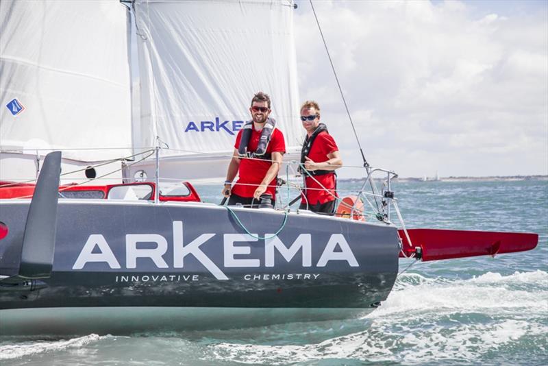 Raphael Lutard, skipper of the Mini 6.50 Arkema 3 and Quentin Vlamynck photo copyright Vincent Olivaud / Team Arkema Lalou Multi taken at  and featuring the Multi 50 class