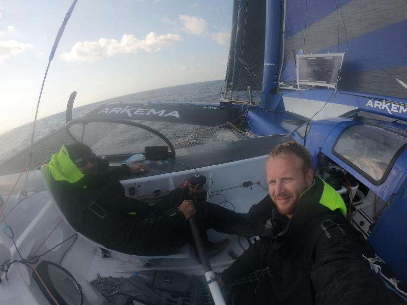 Lalou Roucayrol helming and Quentin Vlamynck on the 5th day of the Transat Jacques Vabre photo copyright Quentin Vlamynck / Arkema Sport taken at  and featuring the Multi 50 class