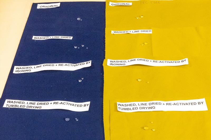 Previous DWR face fabric (left, blue) and PFC-free DWR face fabric (right, yellow) with water droplets just applied - photo © Musto