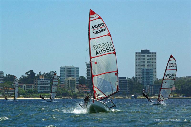 Thor Schoenfield ramping it up on day 2 of the ACO Musto Skiff Worlds photo copyright Rick Steuart / Perth Sailing Photography taken at Mounts Bay Sailing Club, Australia and featuring the Musto Skiff class