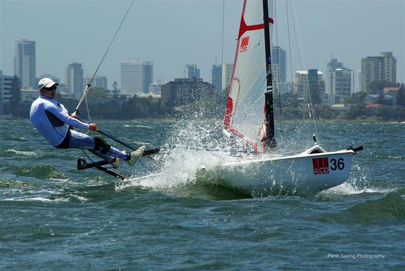 Grand Master Ian Renilson in flight on day 2 of the ACO Musto Skiff Worlds photo copyright Rick Steuart / Perth Sailing Photography taken at Mounts Bay Sailing Club, Australia and featuring the Musto Skiff class