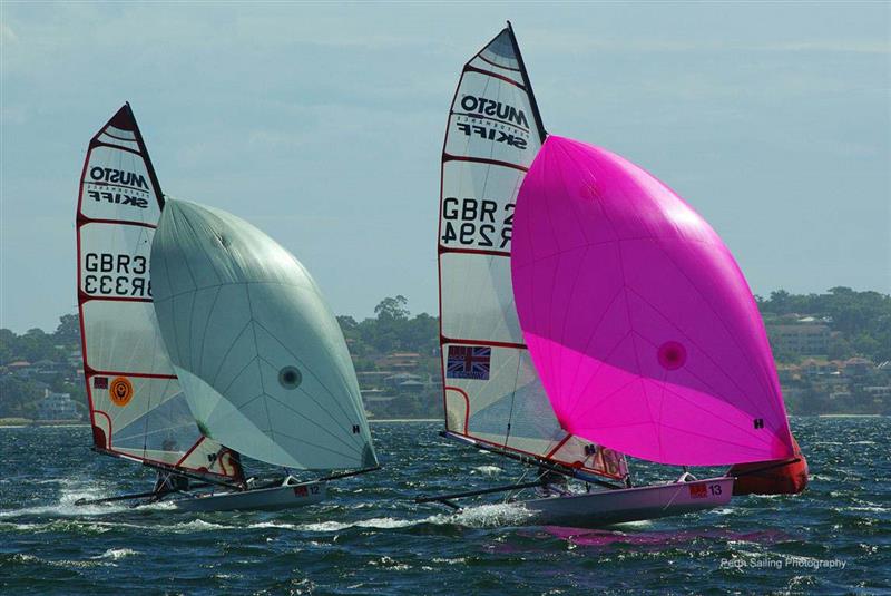 Catch me if you can. Tom Conway leading Tim Chapman on day 2 of the ACO Musto Skiff Worlds - photo © Rick Steuart / Perth Sailing Photography