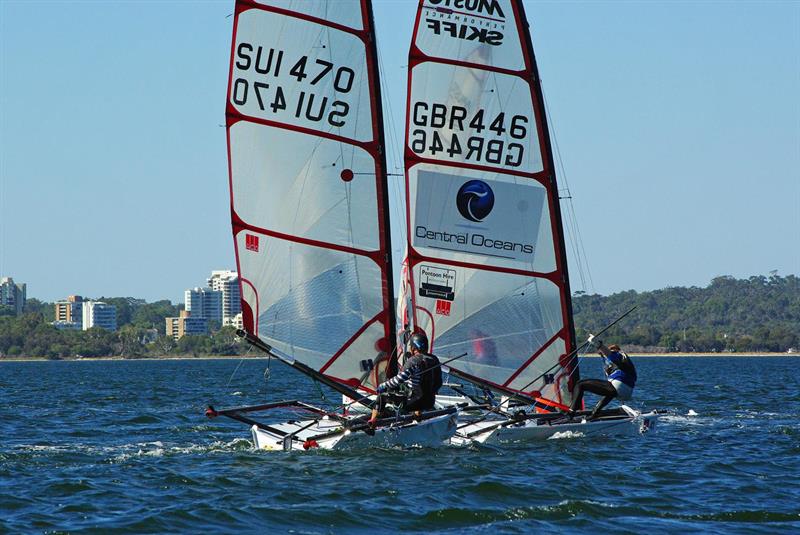 Ben Clegg in front of Nicolas Duchoud on day 4 of the ACO Musto Skiff Worlds photo copyright Rick Steuart / Perth Sailing Photography taken at Mounts Bay Sailing Club, Australia and featuring the Musto Skiff class