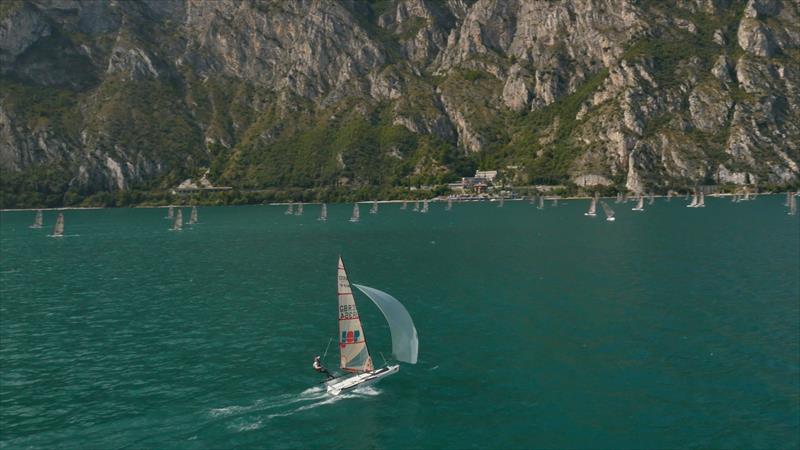 ACO Musto Skiff Worlds at Lake Garda day 1 photo copyright Fleye Aerial Film and Photography taken at Fraglia Vela Riva and featuring the Musto Skiff class