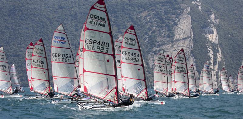 Action from the 2015 Musto Skiff Worlds at Lake Garda photo copyright Tim Olin / www.olinphoto.co.uk taken at Fraglia Vela Riva and featuring the Musto Skiff class