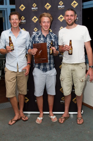 The Broo Premium Lager Musto Skiff Worlds podium (l to r) Marcus Hamilton (bronze), Daniel Henderson (gold), Bruce Keen (silver) photo copyright Shane Baker / www.shanebaker.net taken at  and featuring the Musto Skiff class