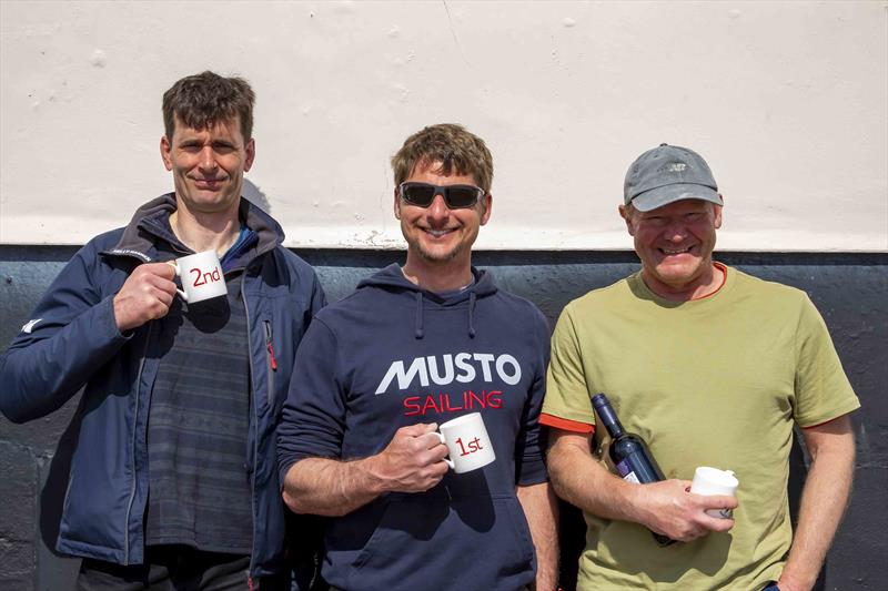 Top 3 (Dan, Andy & Robbie) in the Musto Skiff class during the Stokes Bay Skiff Open photo copyright Tim Olin / www.olinphoto.co.uk taken at Stokes Bay Sailing Club and featuring the Musto Skiff class