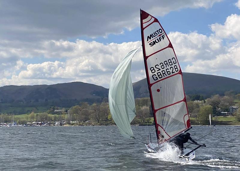 Danny Boatman mid-gybe in the Musto Skiffs during the Ullswater Daffodil Regatta - photo © Steve Robson