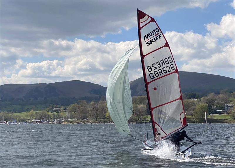 Danny Boatman mid-gybe in the Musto Skiffs during the Ullswater Daffodil Regatta - photo © Steve Robson