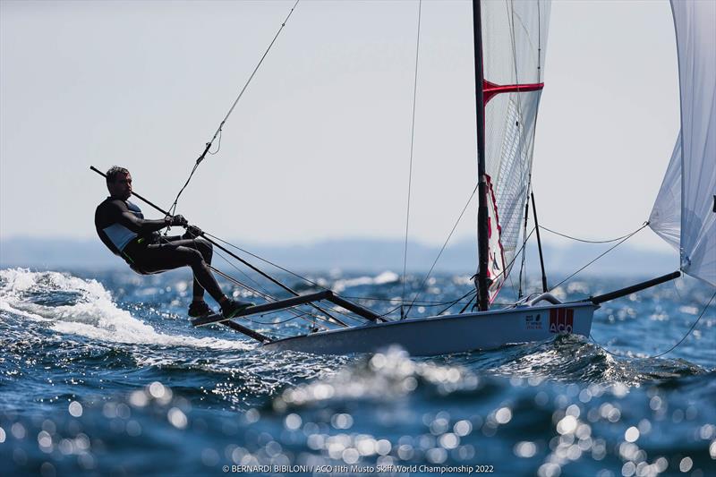 Danny Boatman on day 3 of the 11th ACO Musto Skiff World Championship at Kiel Week photo copyright Bernardí Bibiloni / www.bernardibibiloni.com taken at Kieler Yacht Club and featuring the Musto Skiff class