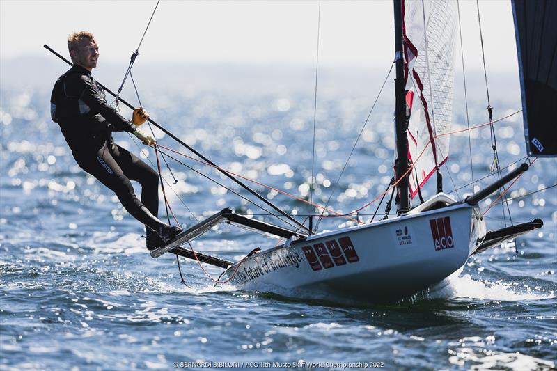 Iver Ahlmann on day 2 of the 11th ACO Musto Skiff World Championship at Kiel WeekILONI) photo copyright Bernardí Bibiloni / www.bernardibibiloni.com taken at Kieler Yacht Club and featuring the Musto Skiff class