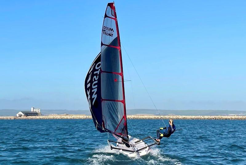 49erFX sailor Saskia Tidey demos the Musto Skiff small sail prototype - Ovington Demo Weekend in Weymouth photo copyright Bill Maughan taken at Weymouth & Portland Sailing Academy and featuring the Musto Skiff class