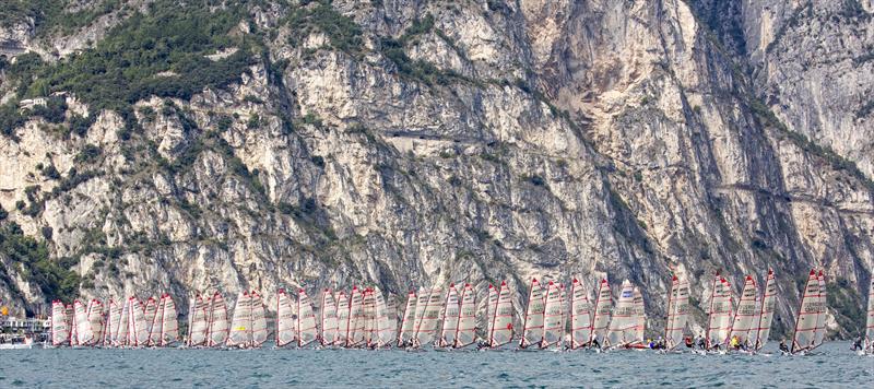 Start line at the 2015 Musto Skiff Worlds photo copyright Tim Olin / www.olinphoto.co.uk taken at Fraglia Vela Riva and featuring the Musto Skiff class