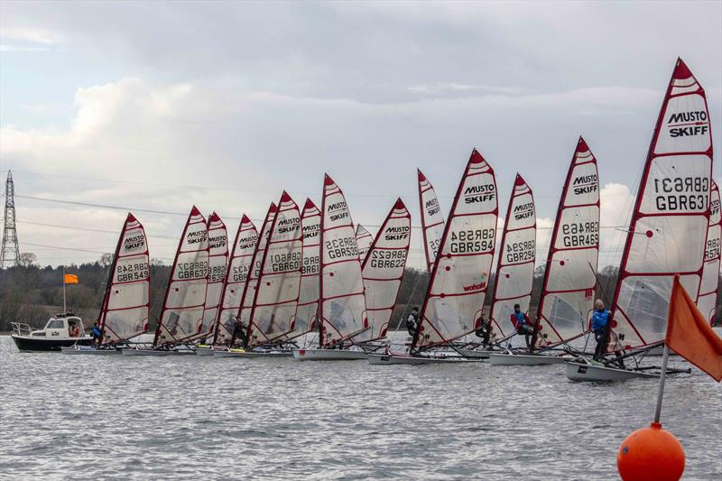 Startline for the Musto Skiffs at the 2023 Ovington Inlands photo copyright Tim Olin / www.olinphoto.co.uk taken at Grafham Water Sailing Club and featuring the Musto Skiff class