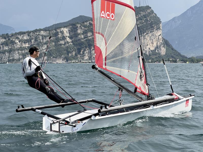 Matthias Houvenagel (AUS 408) on day 5 of the  ACO 12th Musto Skiff Worlds at Torbole, Lake Garda photo copyright Emilio Santinelli taken at Circolo Vela Torbole and featuring the Musto Skiff class