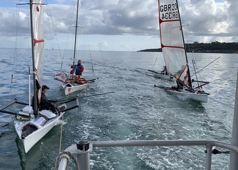 Tow back in on day 1 of the 2023 Noble Marine UK Musto Skiff Nationals at Restronguet - photo © Ian Symonds