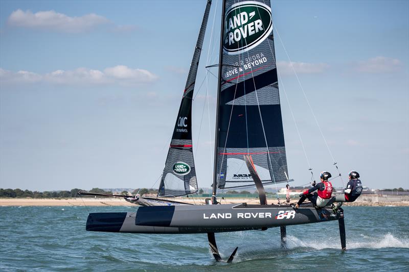 Leigh McMillan trains on the team's foiling training cat photo copyright Harry KH / Land Rover BAR taken at  and featuring the Nacra class